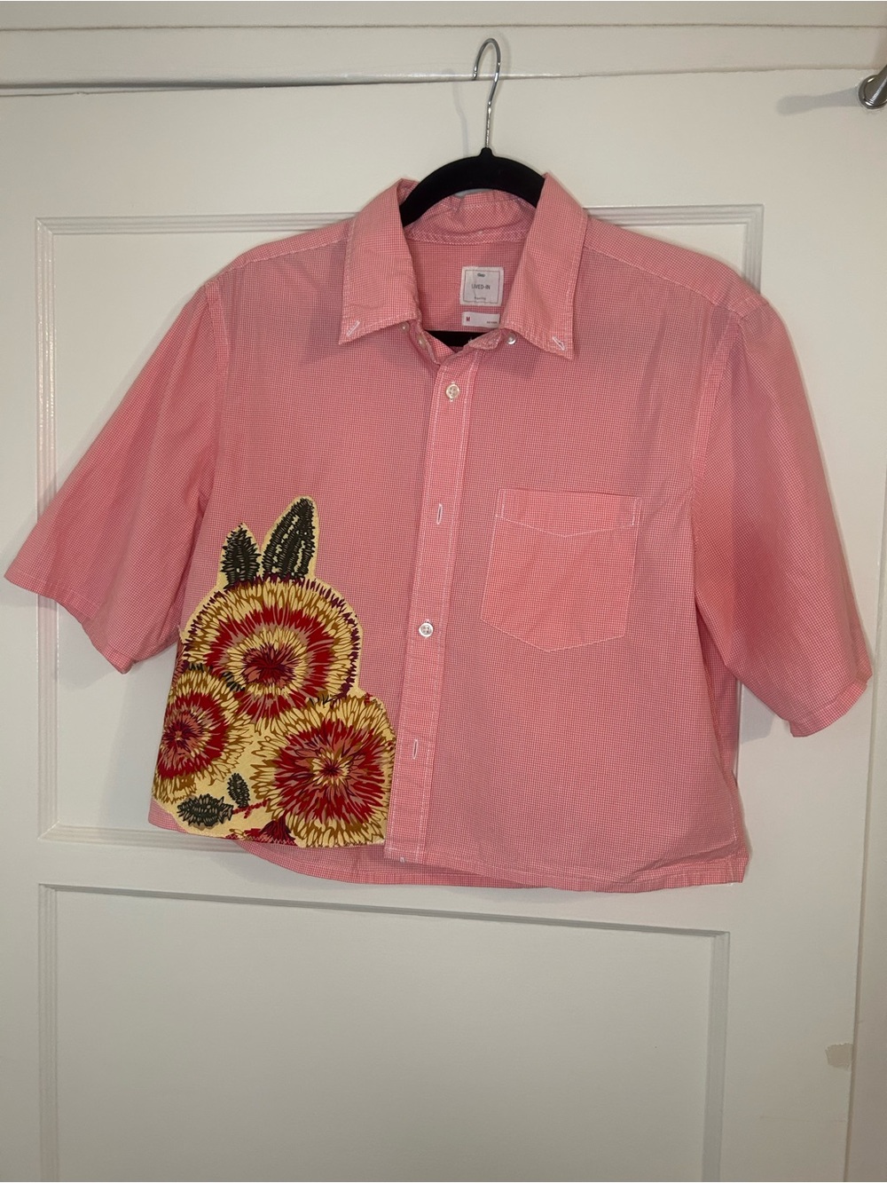 Women’s Gap Upcycled Pink Button-Up Shirt with Floral Appliqué